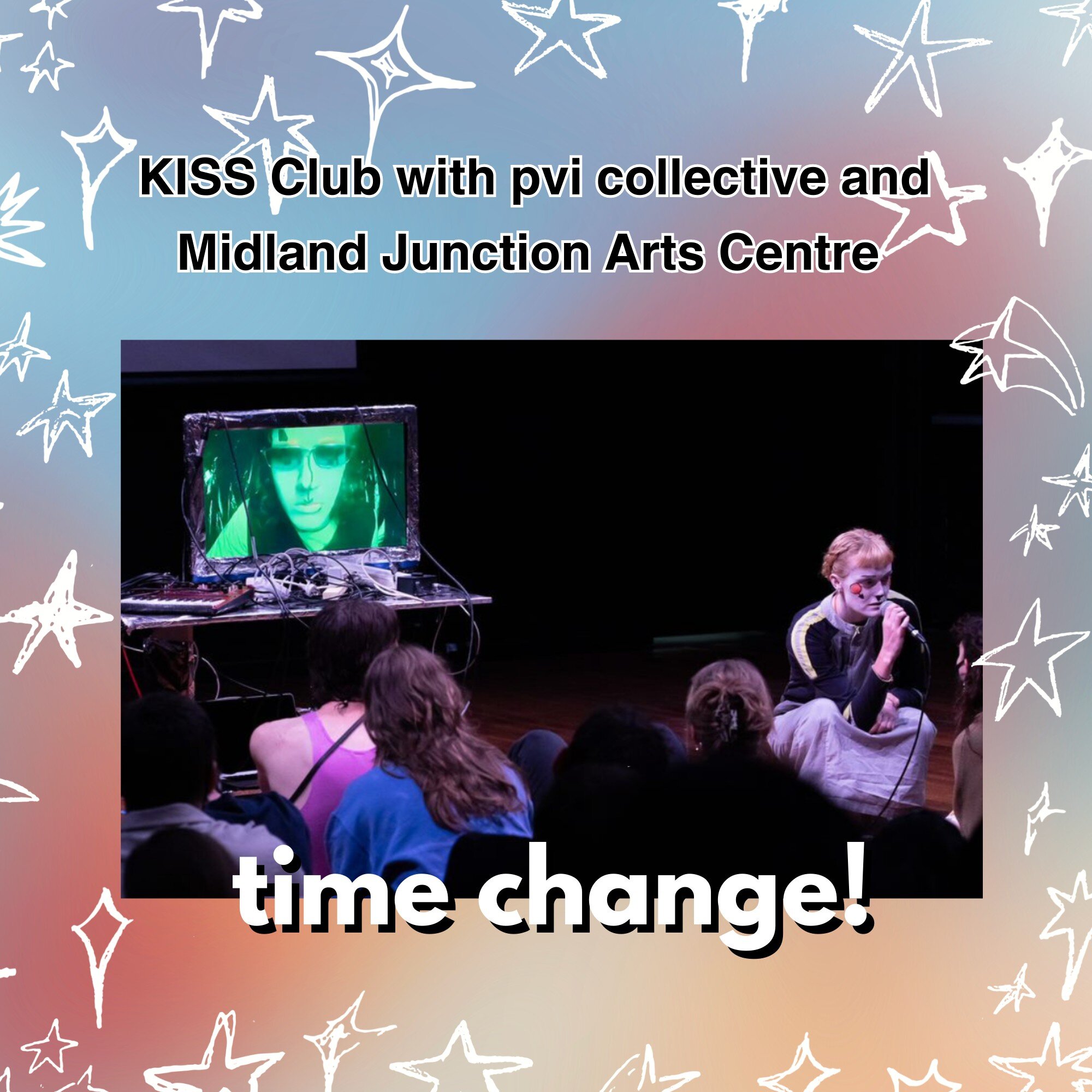 There has been a correction to one of the events happening next week: KISS Club with @pvicollective and @midlandjunctionartscentre (APRIL 19th + 20th) will start at 7:00pm, NOT 6:00pm as previously stated on our socials/kickstART website. 

⭐️ Here's
