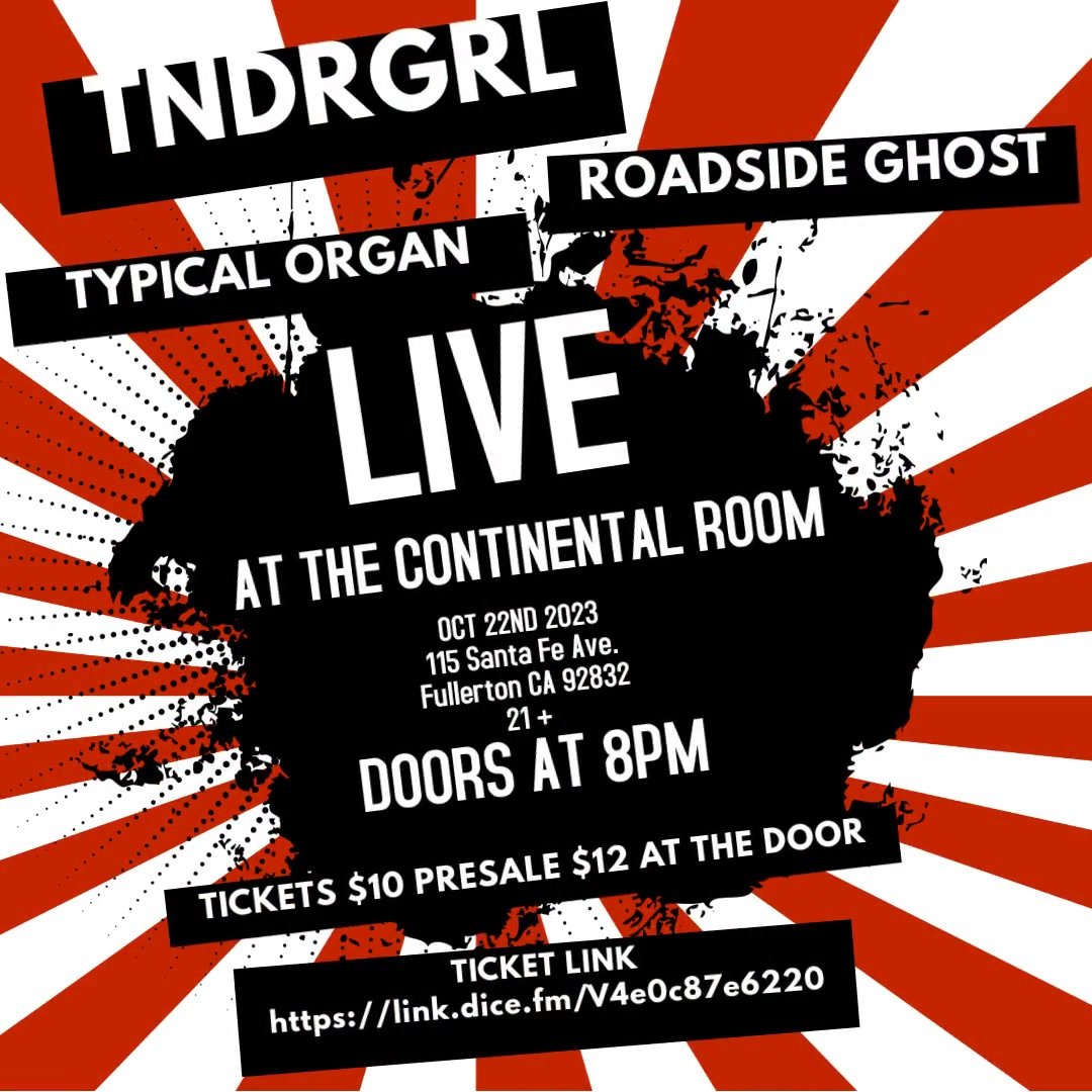 🎶🎉 Get Ready to Rock! 🎉🎶

Join us for an unforgettable night of debauchery on October 22nd at The Continental Room in Fullerton, CA! 🤘🎵. Roadside Ghost is beyond stoked to be supporting our friends in TNDRGRL on their West Coast tour!! lets pac