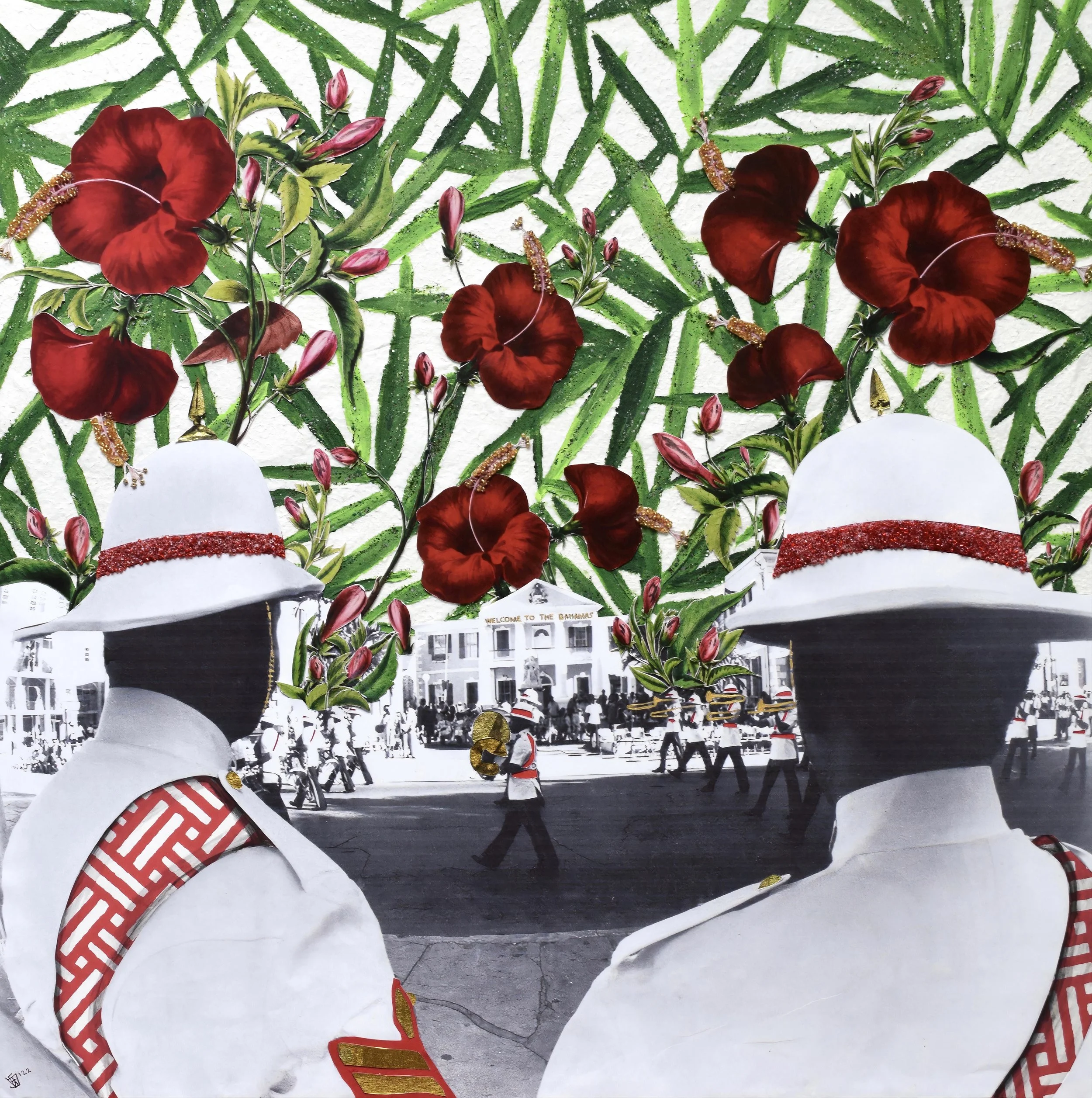 "Bay Street Band" (24x24in), collage with acrylic, beads, and glitter on canvas  
