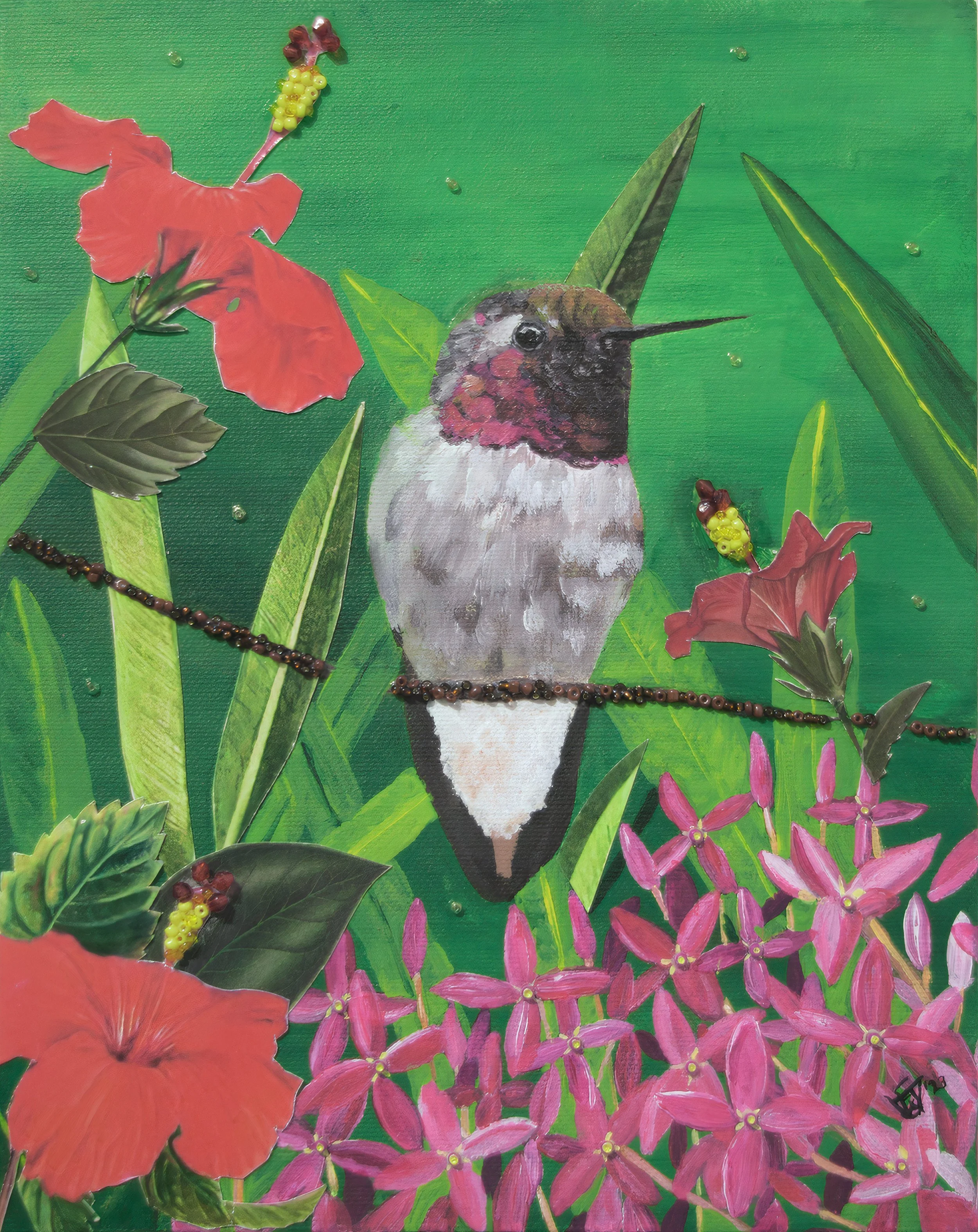 Hummingbird I (8x10in), mixed media collage on canvas