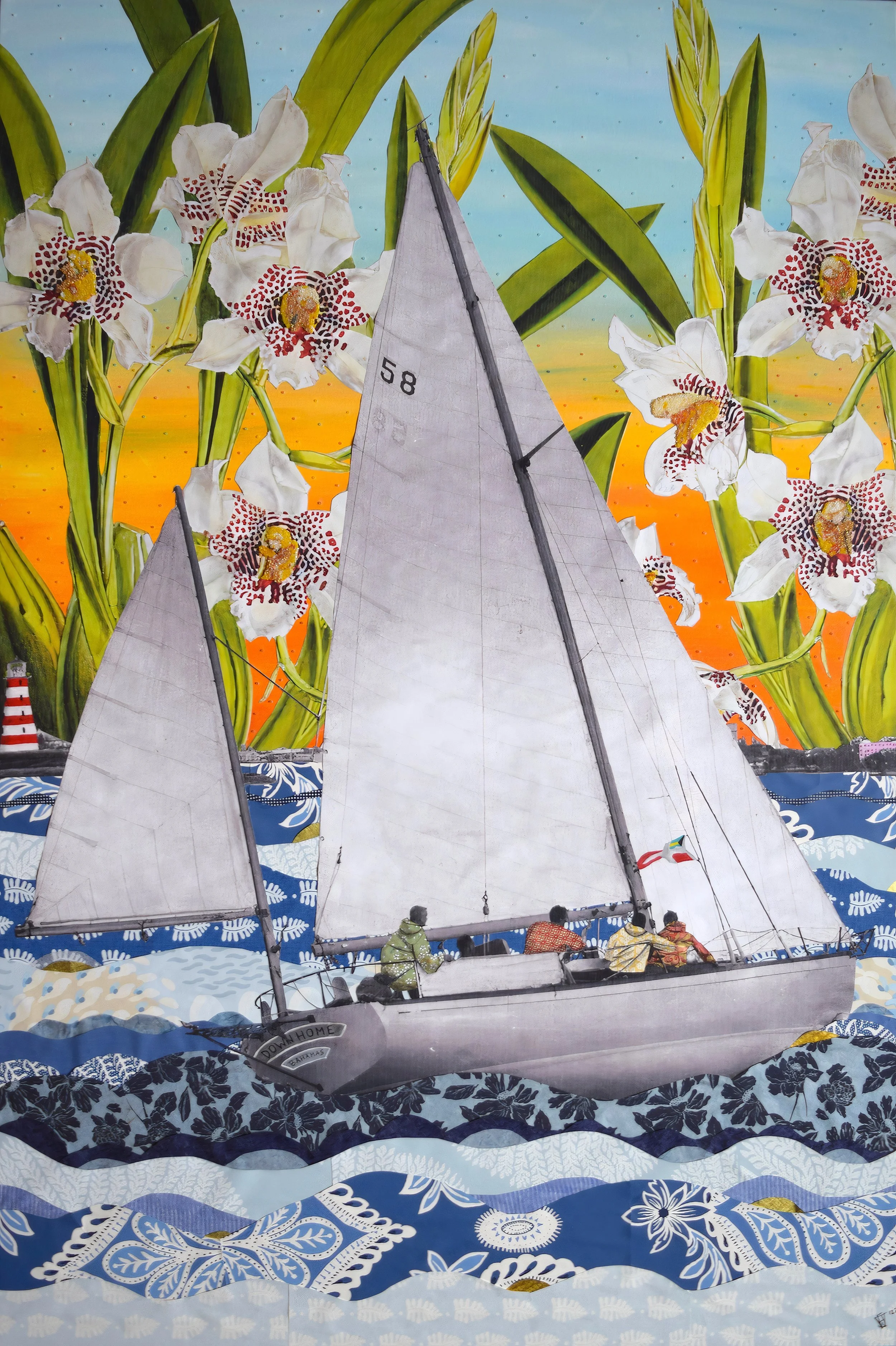 "Down Home" (40x60in), collage with acrylic and beads on canvas  
