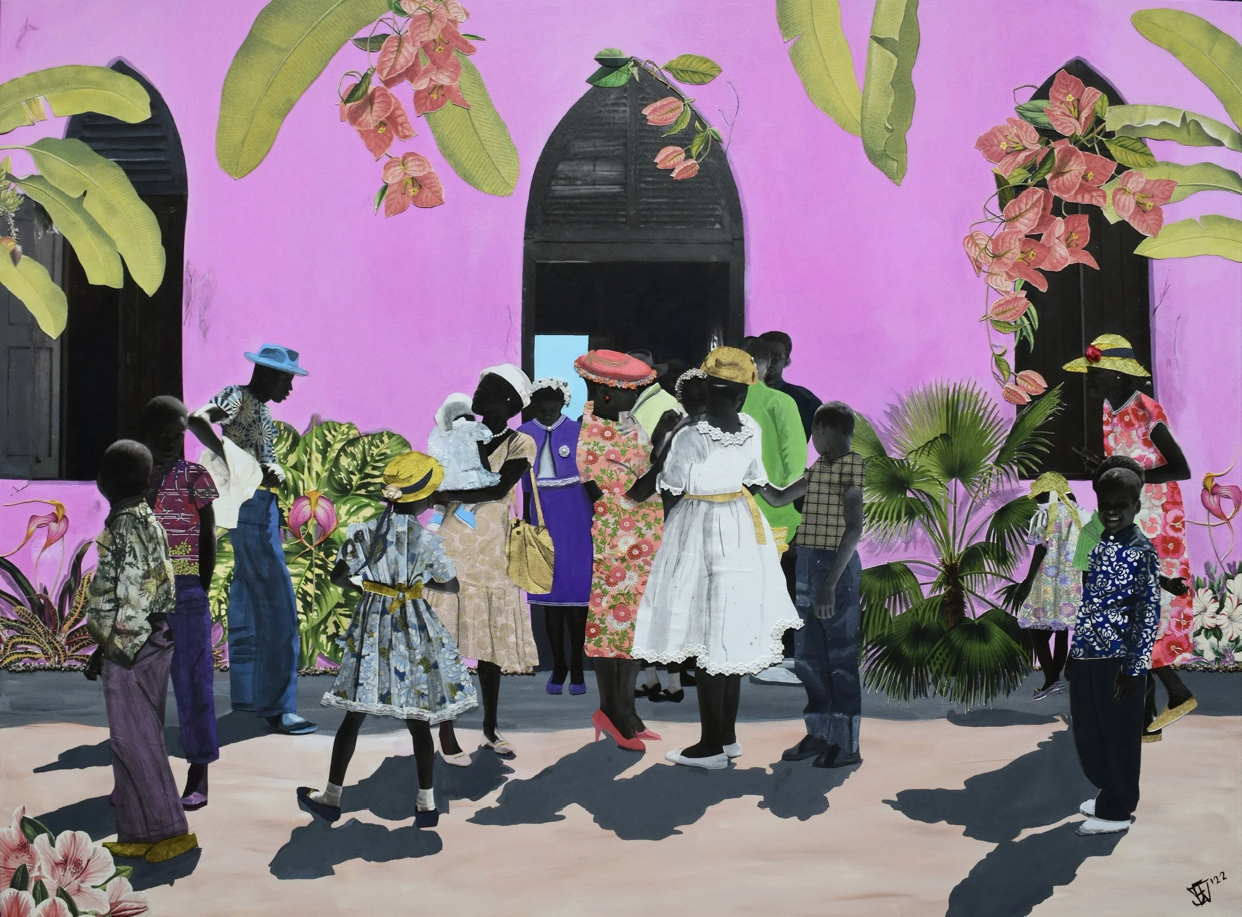 "After Mass" (48x36in), collage with acrylic and beads on canvas 