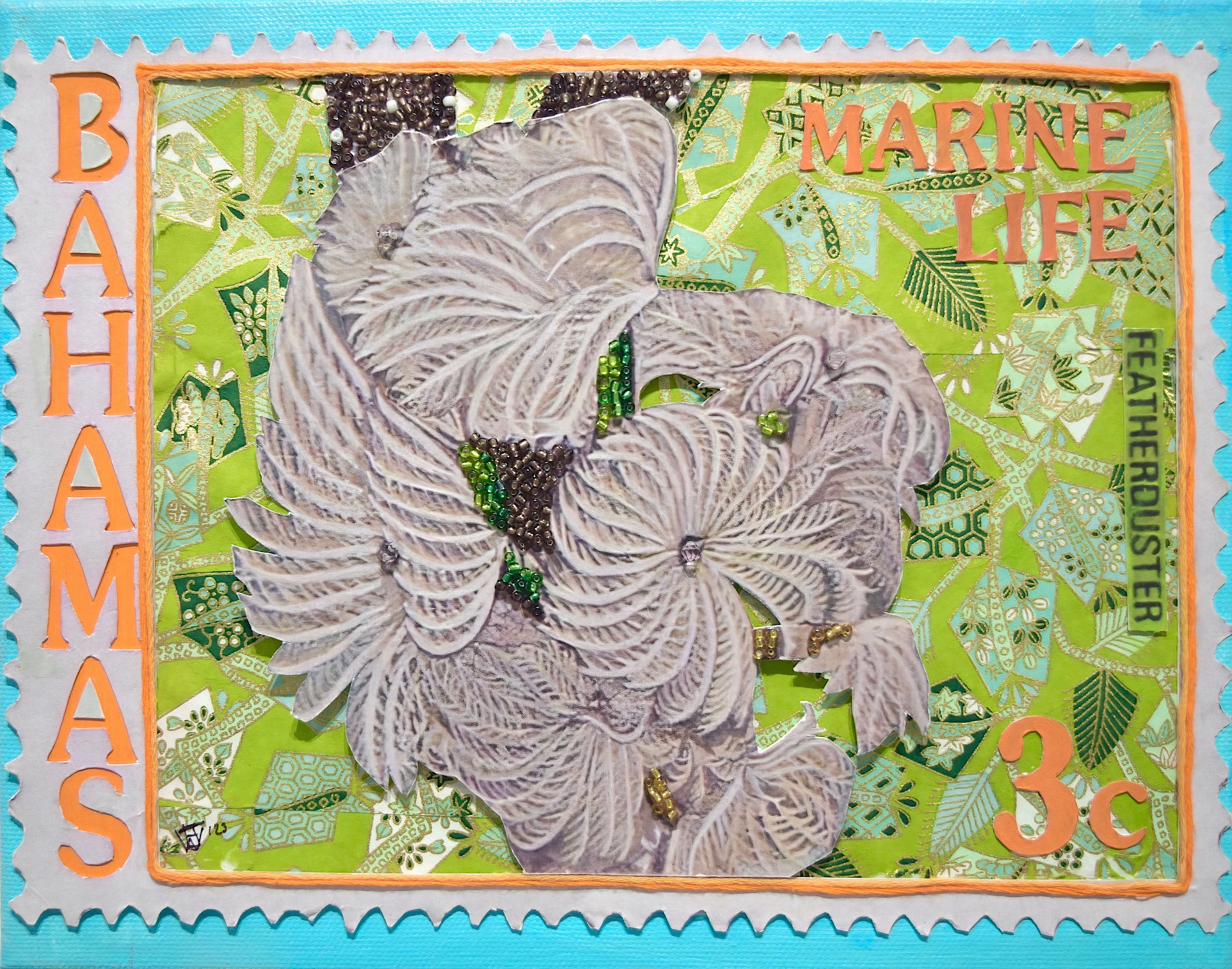 Sea Stamp III (10x8in), mixed media collage on canvas 