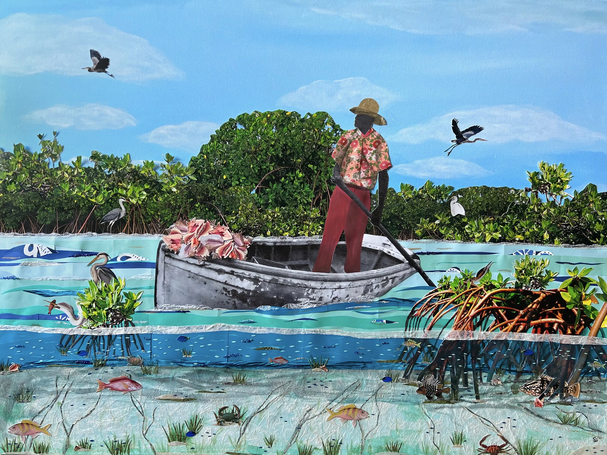 Conchin' (48x36in), mixed media collage on canvas
