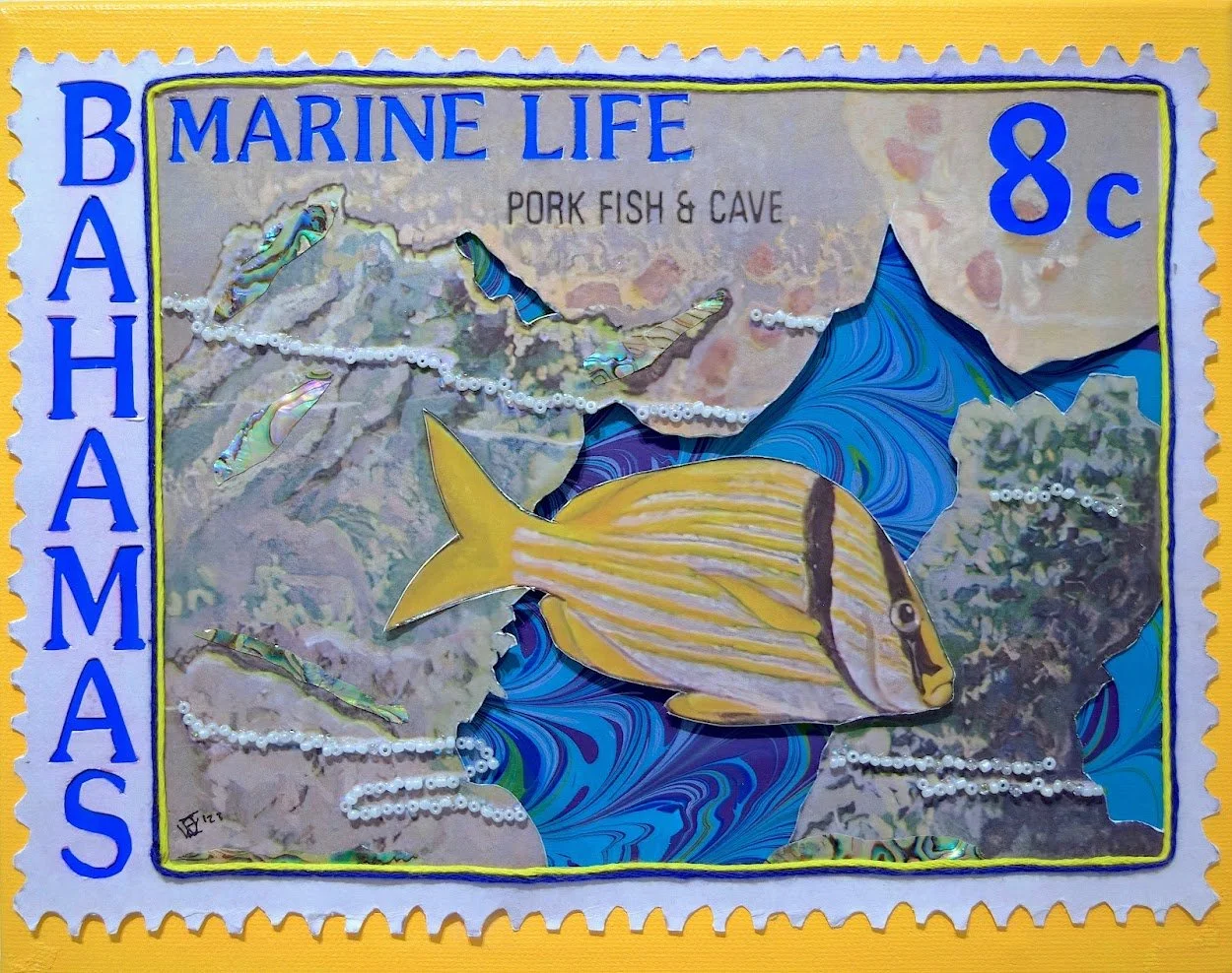 Sea Stamp I (10x8in), mixed media collage on canvas