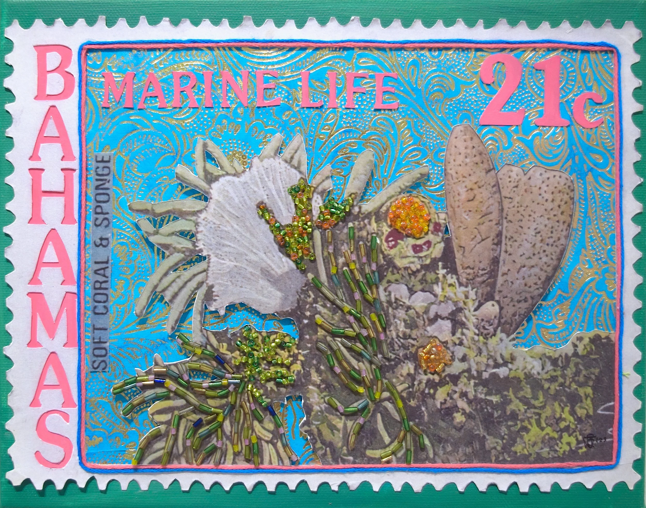 Sea Stamp II (10x8in), mixed media collage on canvas