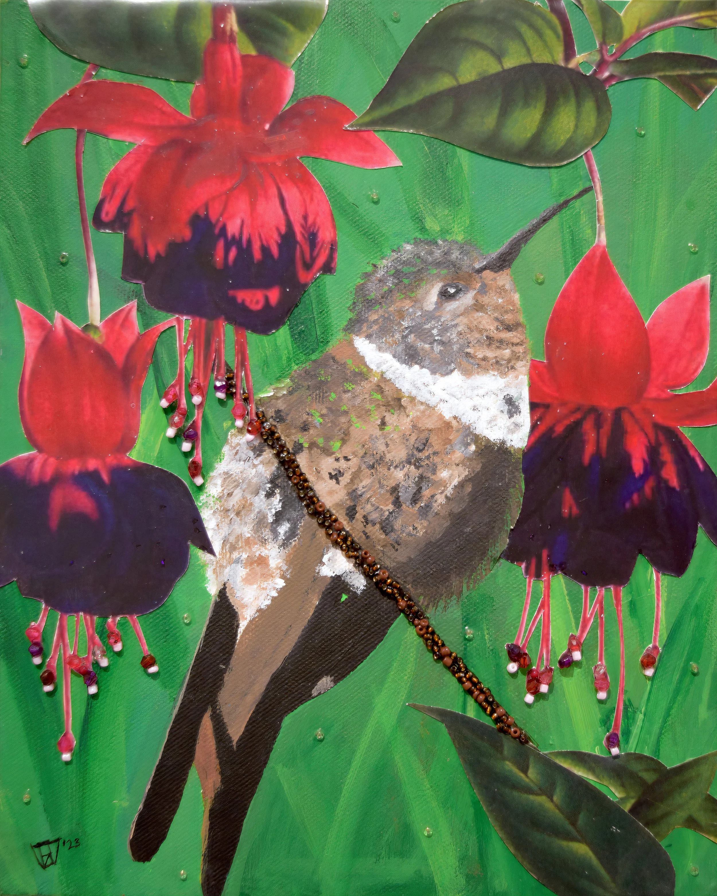 Hummingbird III (8x10in), mixed media collage on canvas