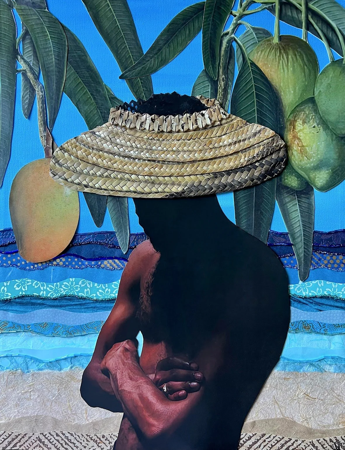 "Mad As Hell Under the Mango Tree", Collage with paper, acrylic, and beads on canvas, 14 x 18in
