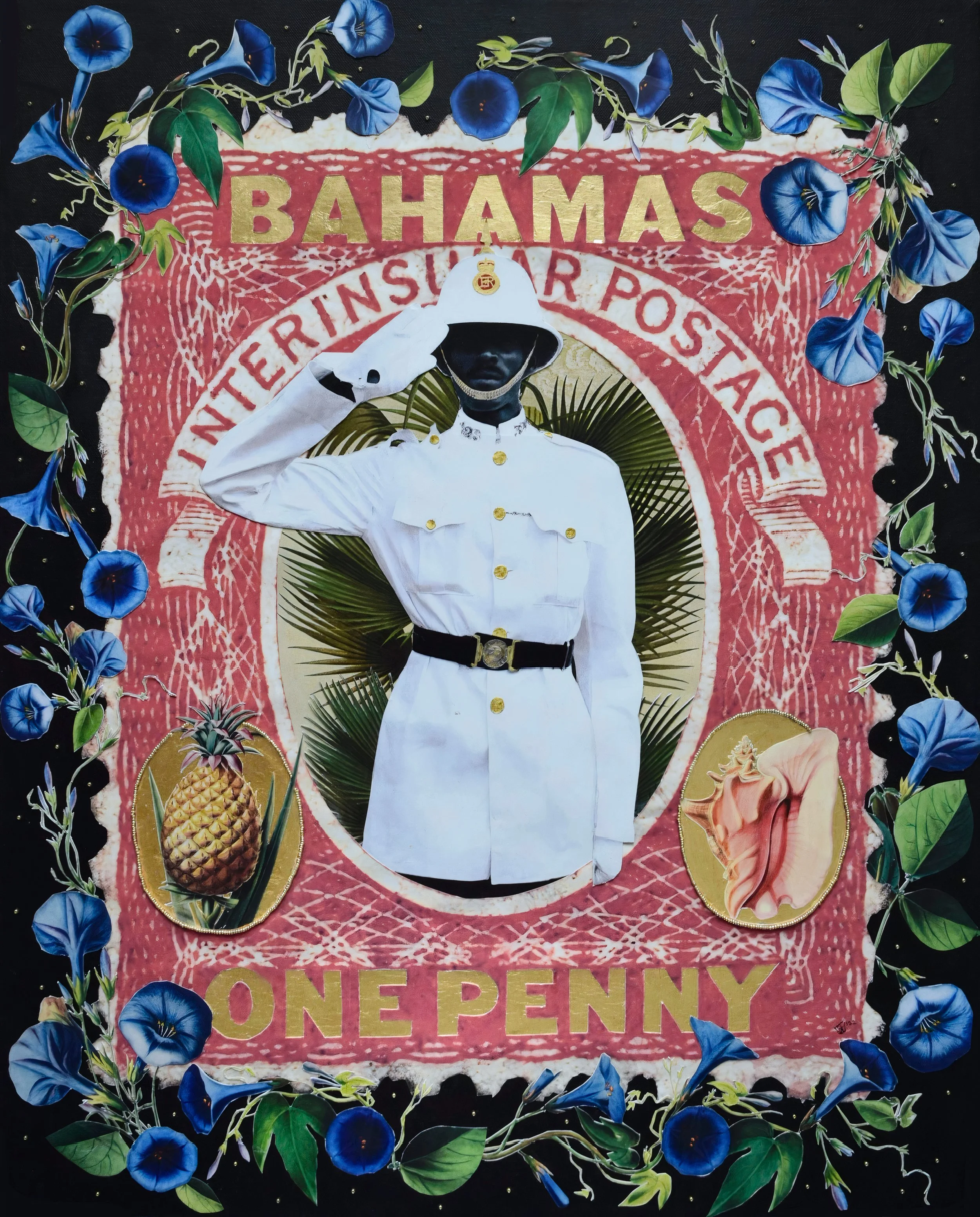 "From the Bahamas With Love" (24x30in), collage with acrylic, beads, and gold foil on canvas  