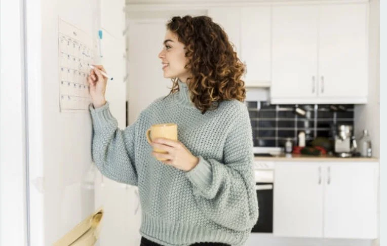 Woman smiling while writing on a wall calendar in her kitchen, holding a coffee mug. ADHD therapy and time management concept.