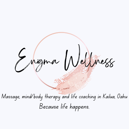 Enigma Wellness logo with a pink lipstick kiss mark and a faint pink circle, promoting massage, therapy, and coaching in Kailua, Oahu.