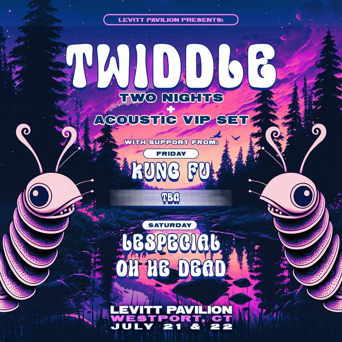 We couldn't leave CT hangin 🤝 Stoked to return to the Levitt Pavilion for 2 nights featuring @kungfutunes @lespecialmusic and @ohhedead + another act TBA 🐛🐛 

Tickets and VIP packages (which include access to a special Acoustic Twiddle Set) go on 