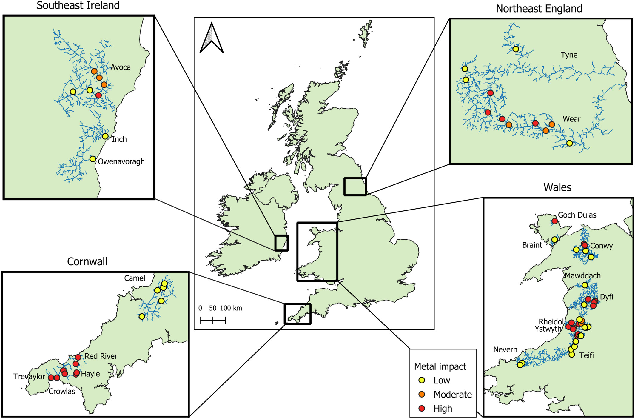Figure 1. Sampling sites for brown trout (Salmo trutta L.) across four regions of the British Isles with a history of metal-extraction and ongoing legacy mine water pollution.