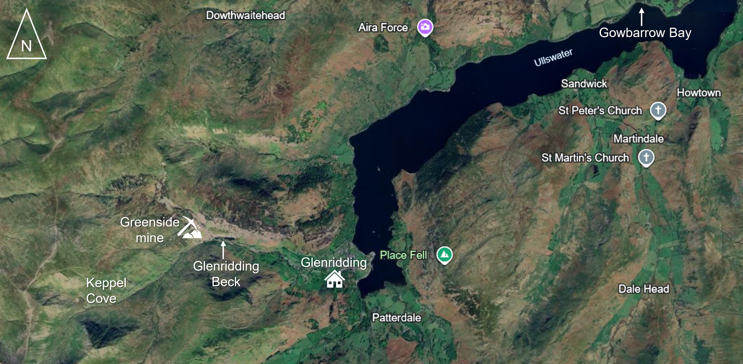 Figure 1. Ullswater lake, illustrating the southwestern area impacted by the Greenside Mine collapse. Map reproduced from Google Earth.