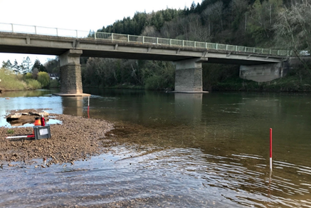 Figure 2. The River Wye at Holme Lacy; red poles mark the extent of the survey reach. Credit: Jason Doe.