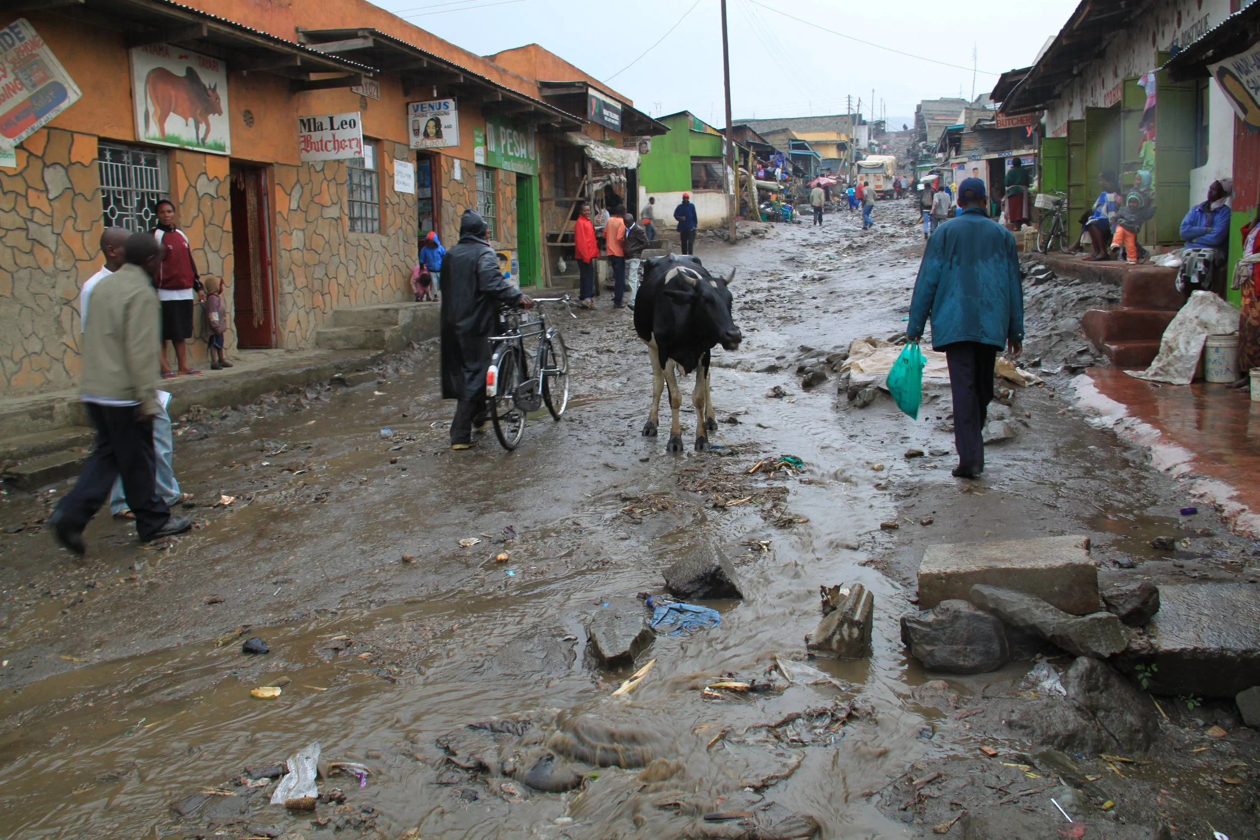 Figure 4. A street in a settlement after a rainstorm. The runoff and associated sediment and other pollutants drain directly into the lake.
