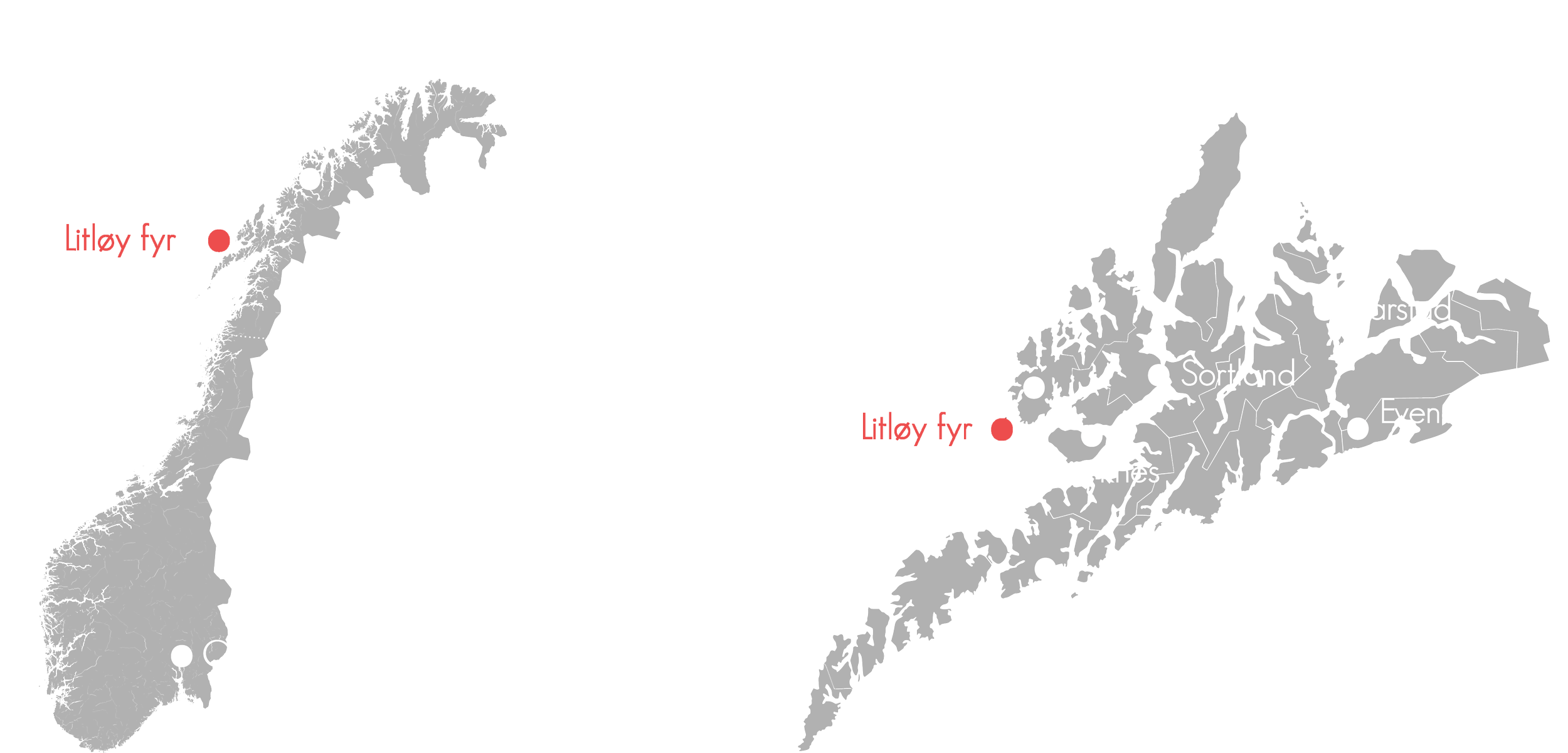 A journey map of where Litløy Fyr is located in Northern Norway, Vesterålen.