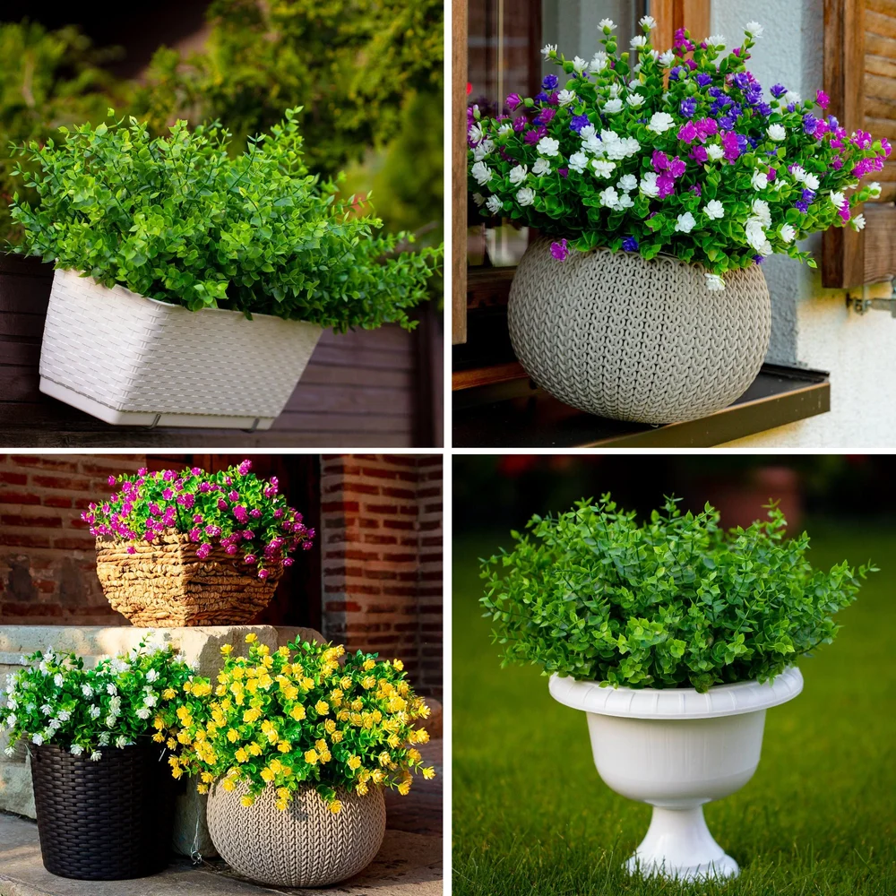 Artificial Boxwood Shrubs, Fade Resistant Faux Plastic Plants, Set Of 4, Red, UV Resistant