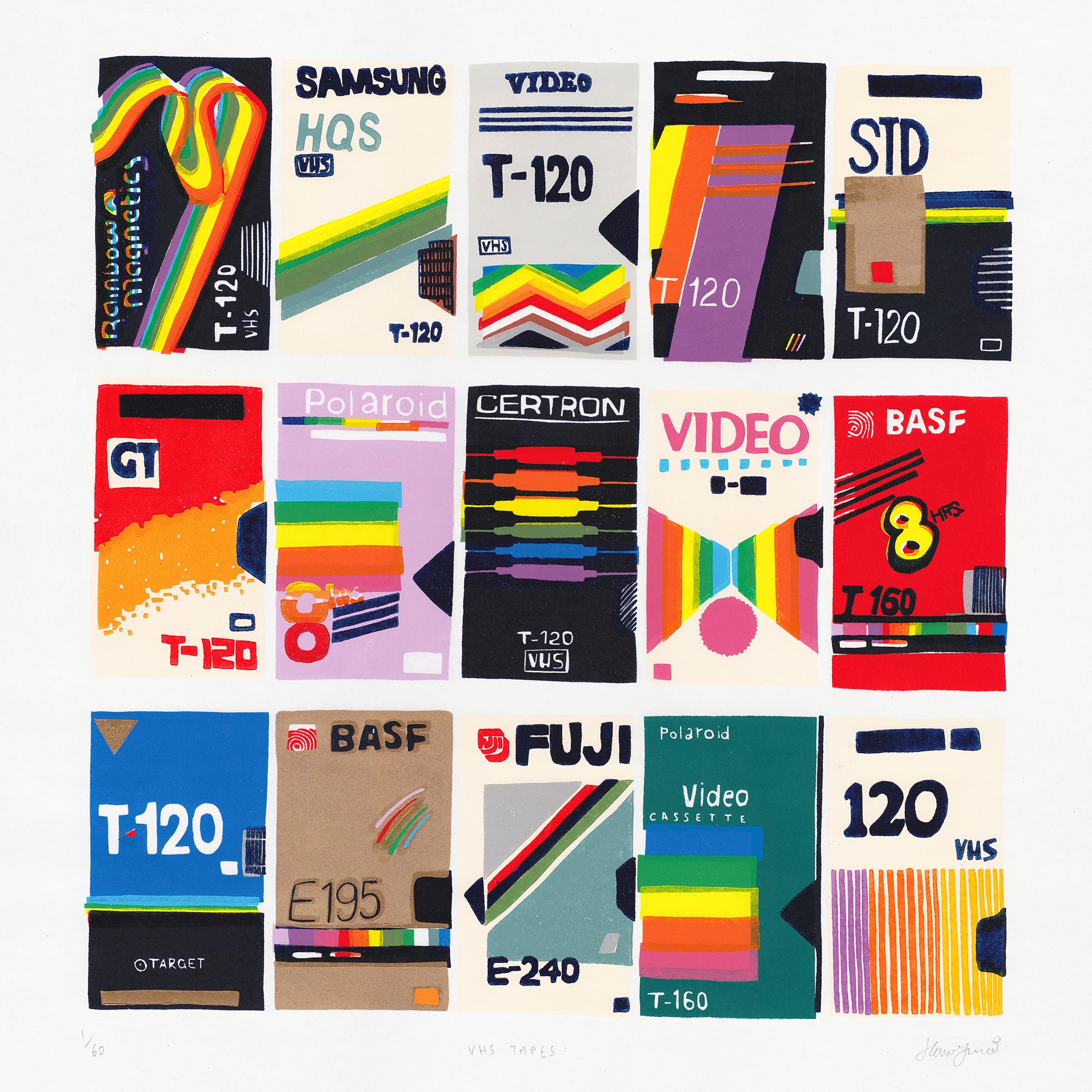 VHS Tapes Linocut Print