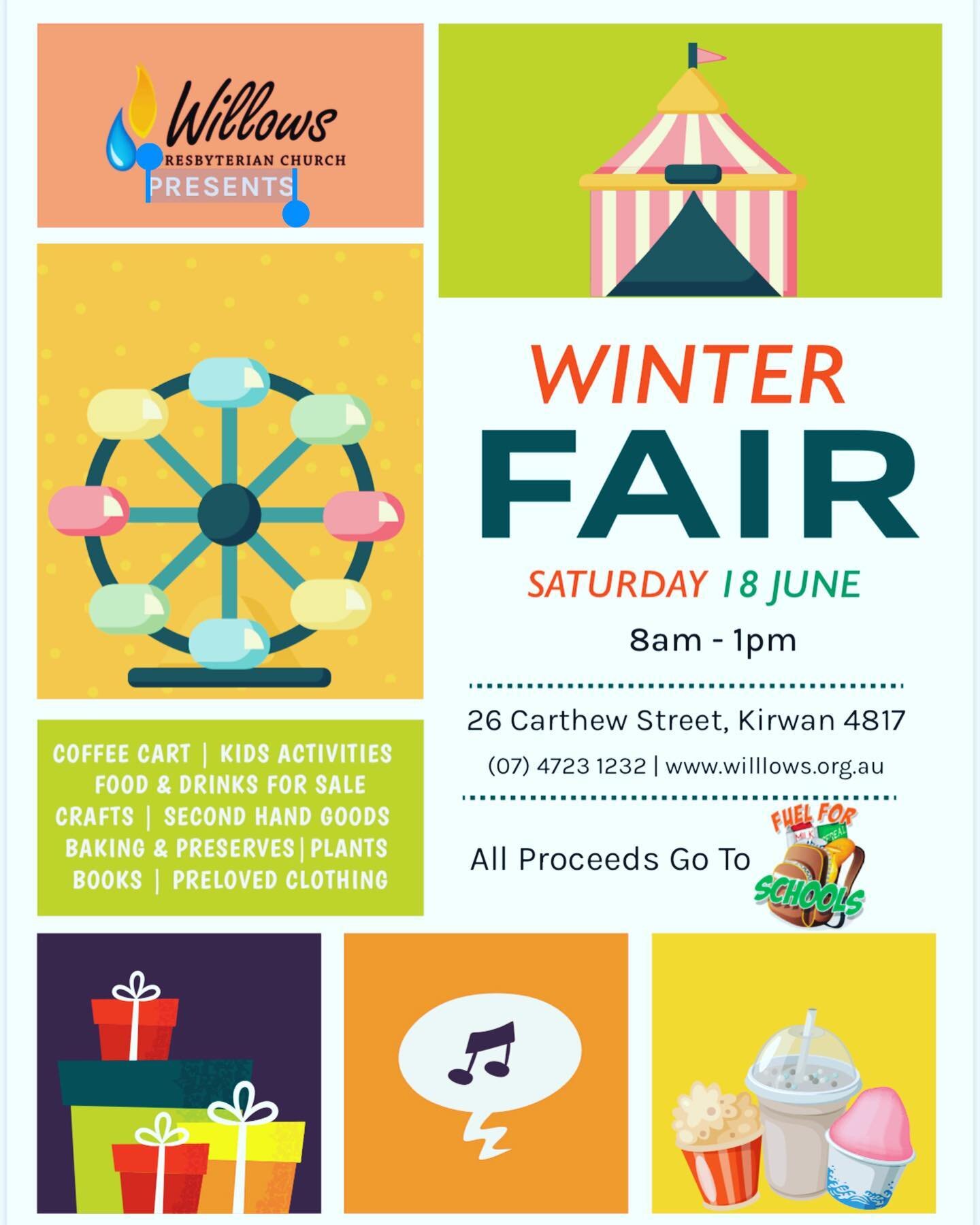 Who doesn't love a Fair !!

Please join us at the Willows Presbyterian Church Winter Fair on Saturday the 18th of June from 8am !!

#fuelforschools #supportlocaltownsville #givingback #winterfair #goodcause😀