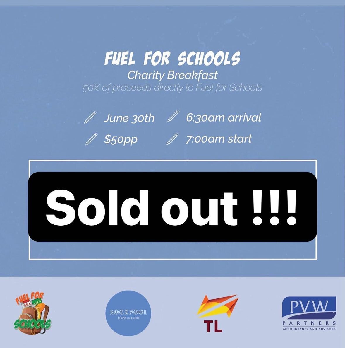 Our Breakfast on the 30th of June is a Sell Out !!

Thank you for all those who have purchased tickets and we can&rsquo;t wait to see you !!

#Fuelforschools #supportlocaltownsville #nonprofit #dogoodfeelgood #community #donations #help #aid #townsvi