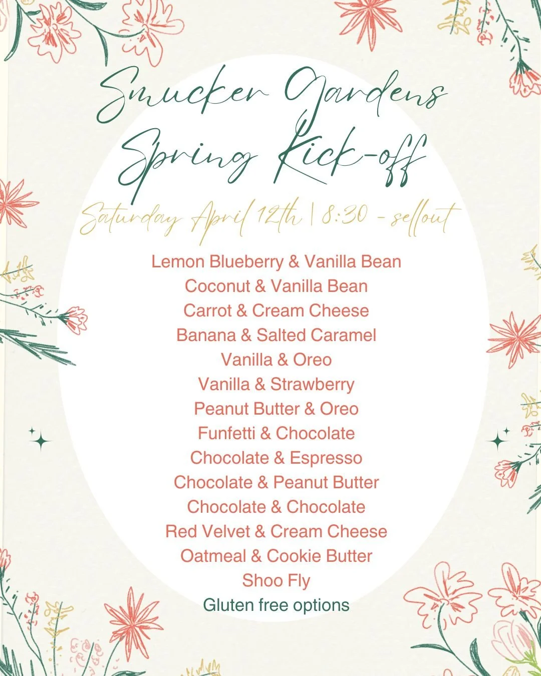 We can't wait to celebrate the arrival of Spring at Smucker Garden's! We'll be at their Spring Kick-off event on Saturday, April 12th, among all the other fantastic vendors, with a boat load of all the best spring flavors 🌷

See you soon! 🧁