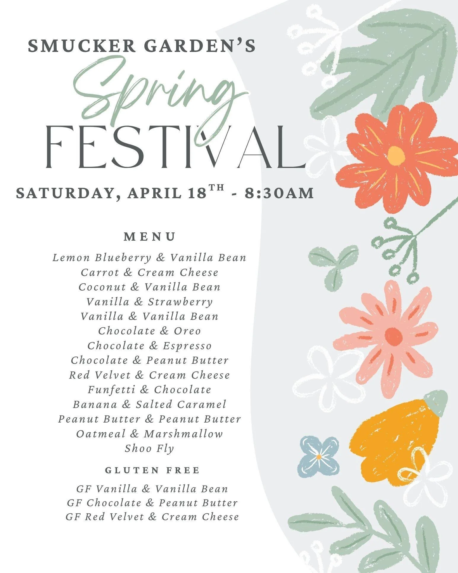 Kicking off the season of fresh blooms, warmer air, and buckets of sunshine at Smucker Gardens Spring Festival 🌷🪻🌞 We will be fully stocked with spring flavors as well as classic favorites. 

We hope to see you there!