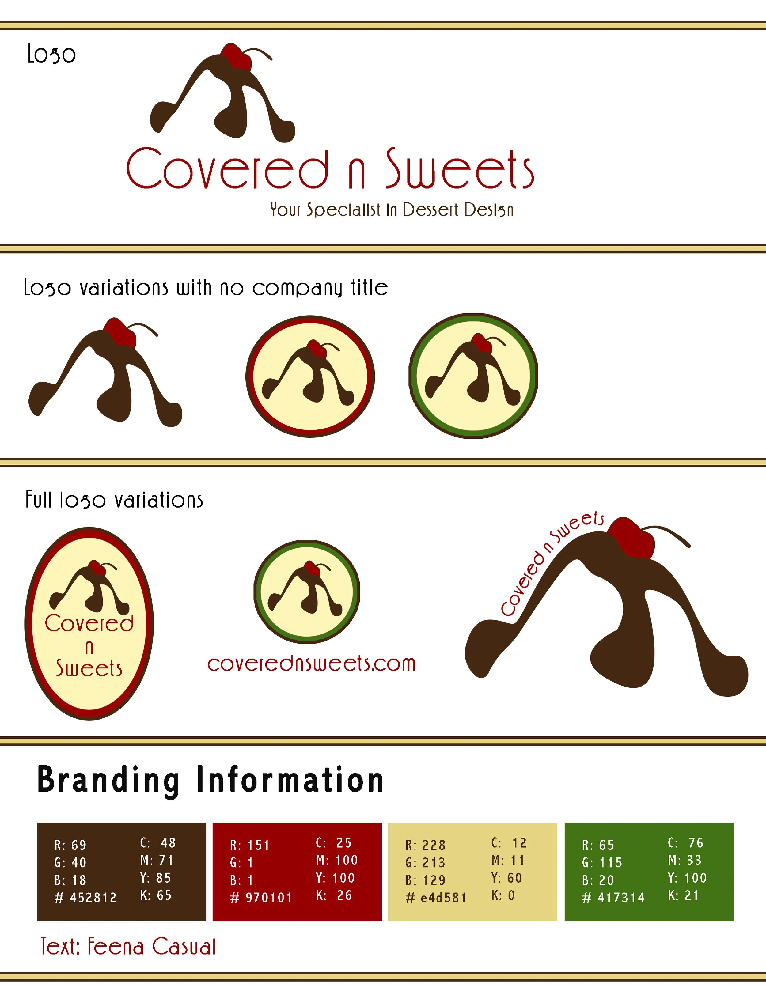 Branding design sheet for Covered n Sweets 