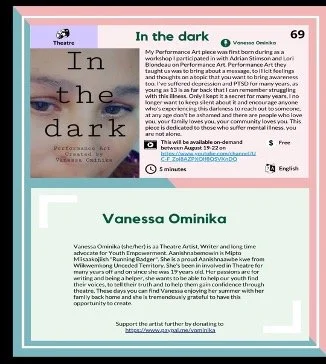 The listing for an event. There is much written on the listing poster. The top tells us more about the performance art piece – In the Dark – and the bottom is Vanessa’s bio.