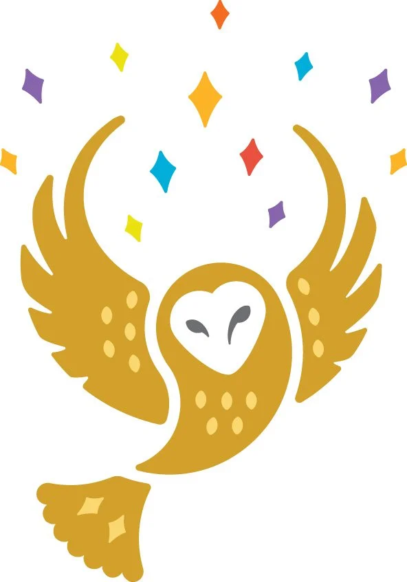 A beautiful, golden Owl spreads its wings above its head. Its face is white and its eyes are grey. Sparks of many colours fly up and off its wings. It is a happy and majestic image.