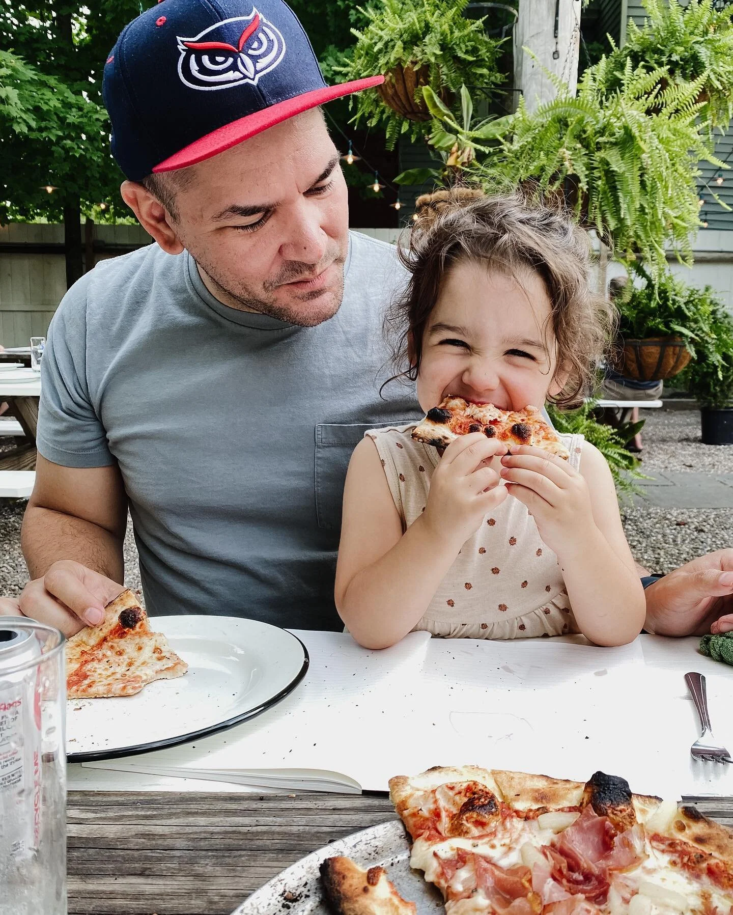 Happy birthday to my no. 1 @jjairoreeves. Here he is teaching Frances to eat pizza “cheese up” on a recent trip upstate. She prefers to eat it upside down 🤭