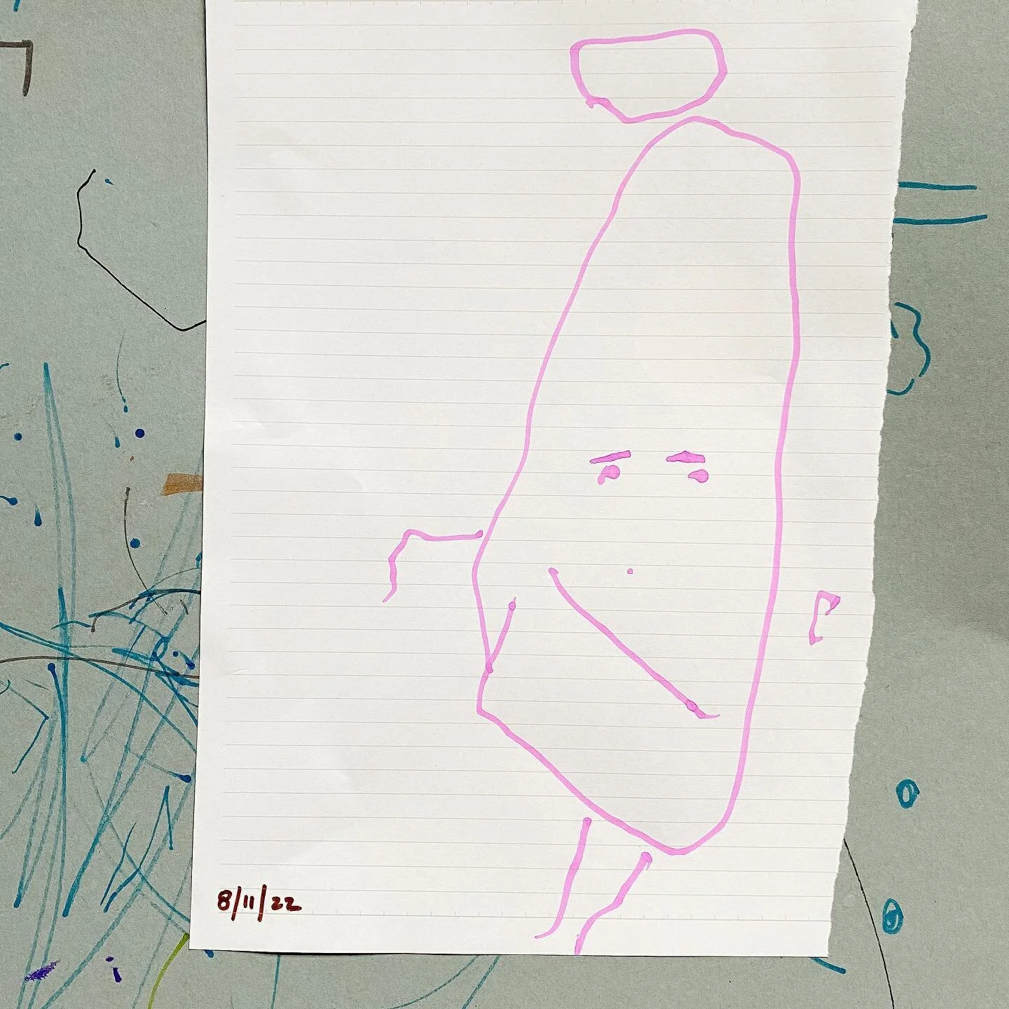 The most important piece of art I own now. Frances loves to draw happy faces. The details she adds are melting my heart (the eyebrows and a top bun). Sometimes they have crazy hair, big belly buttons, or really long legs that extend onto the table 🖍