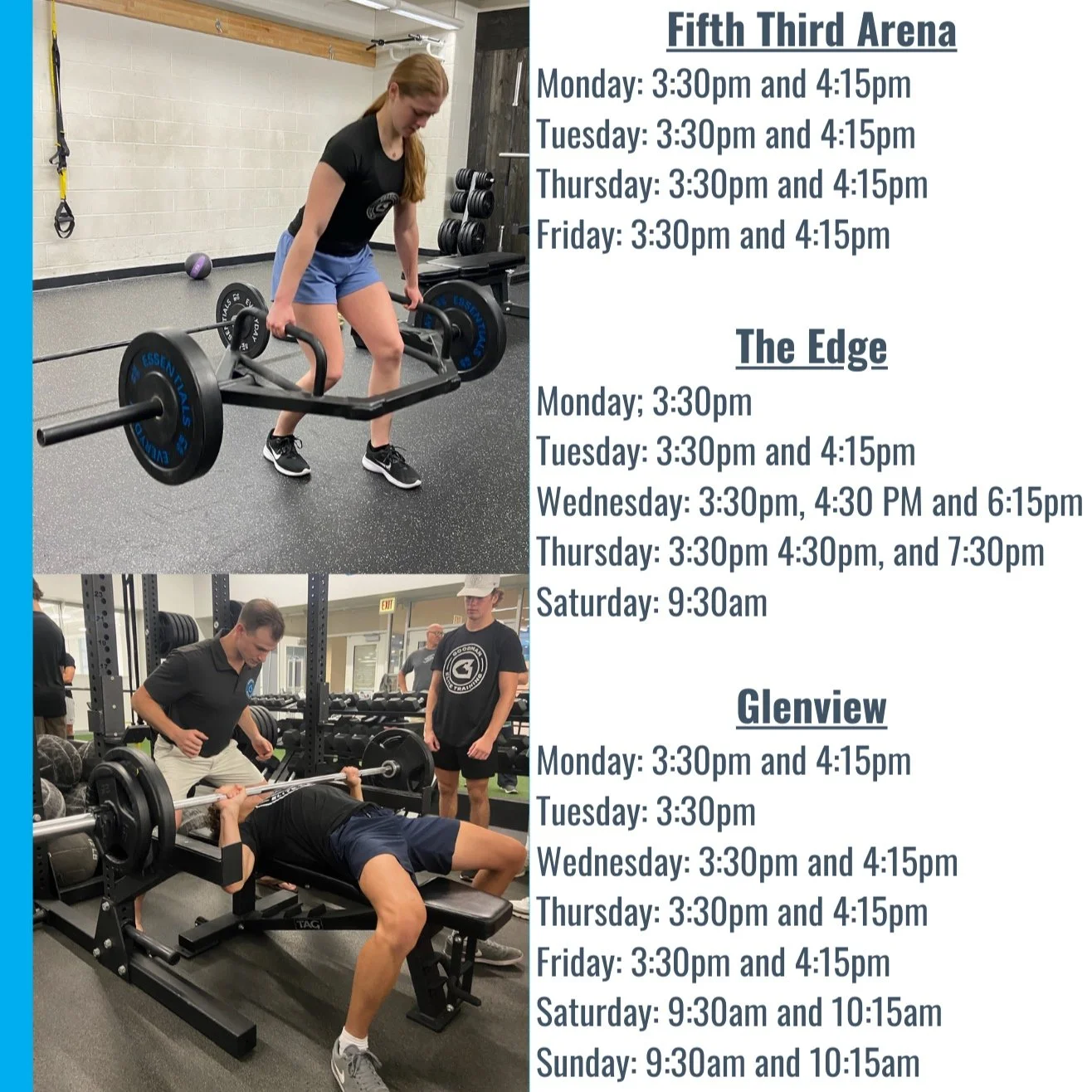 A schedule and two photos of people working out at a gym. The schedule lists class times for Fifth Third Arena, The Edge, and Glenview, with days and times. The top photo shows a woman doing a deadlift with a barbell, and the bottom photo shows a man lying on a bench doing a bench press with a barbell, supervised by a trainer.