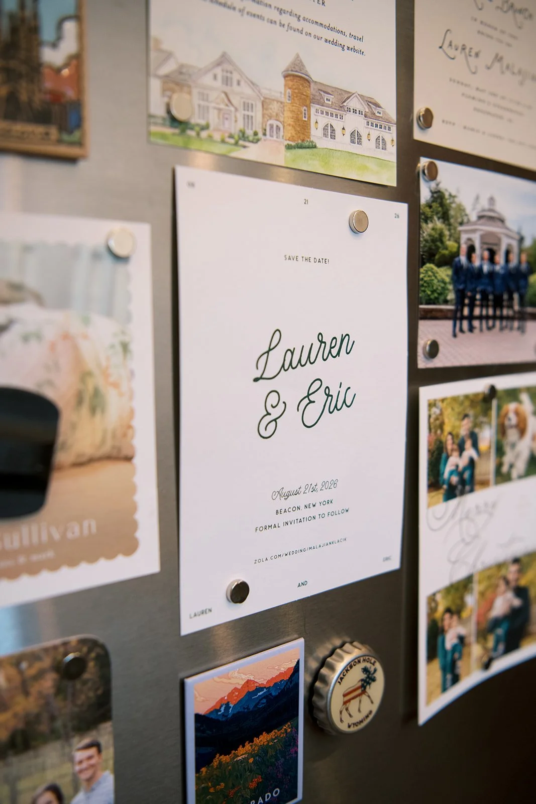  refrigerator filled with save the dates, photos, invitations, etc 