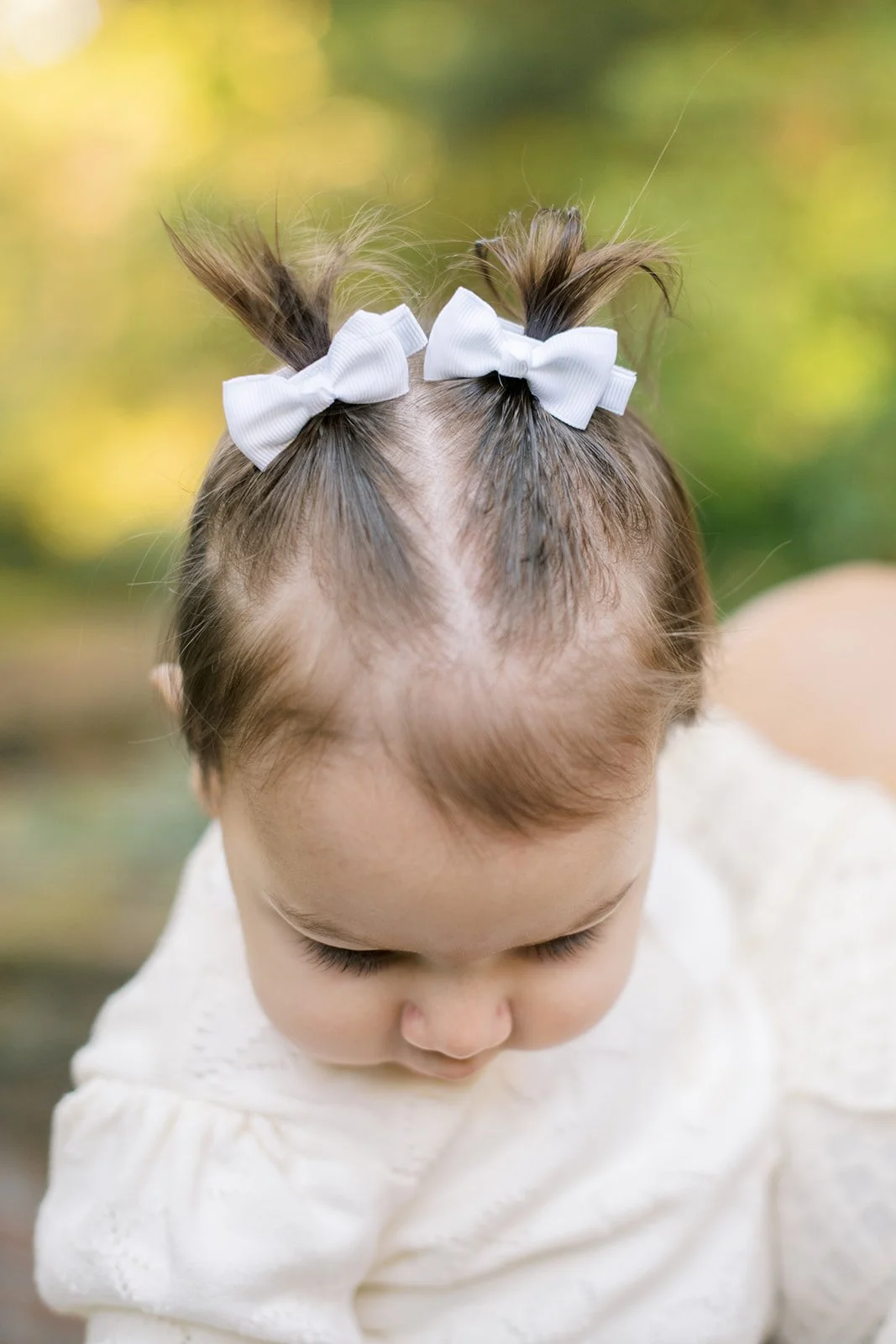 Close up of 2 small pigtails with white bows