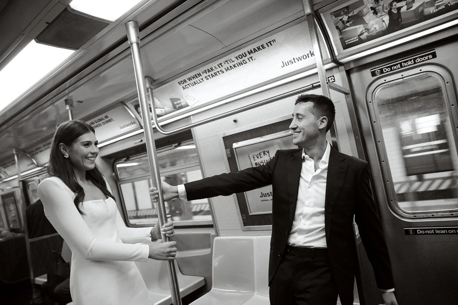 Couple in subway car in NYC. black and white image