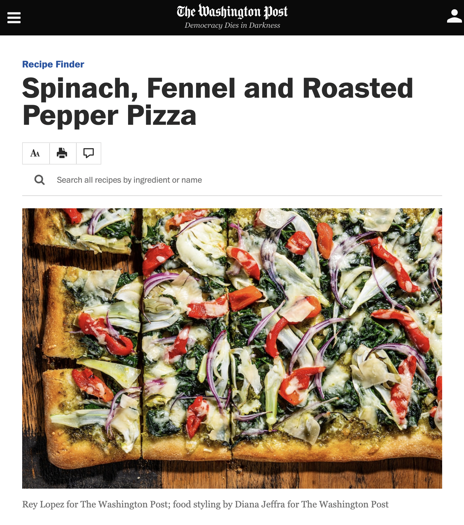 Washington Post- Spinach, Fennel, and Roasted Pepper Pizza