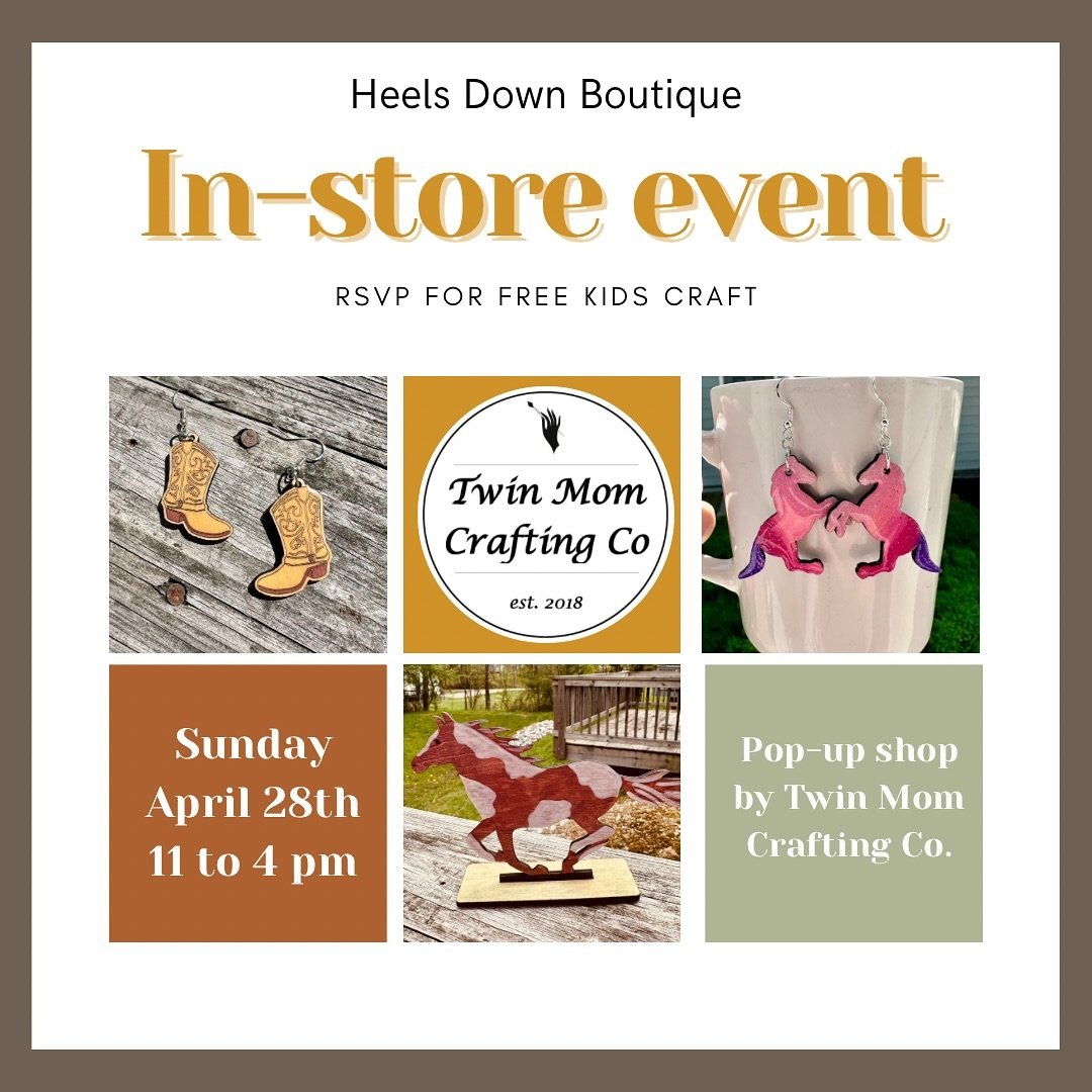 Mark your calendars! Next Sunday, April 28th we have an in-store event. @heisele23 will have a pop-up in our shop. We also have a FREE kids craft. Please RSVP for the kids craft. Stop by between 11 and 4 and check out this local vendor. #equestriansh