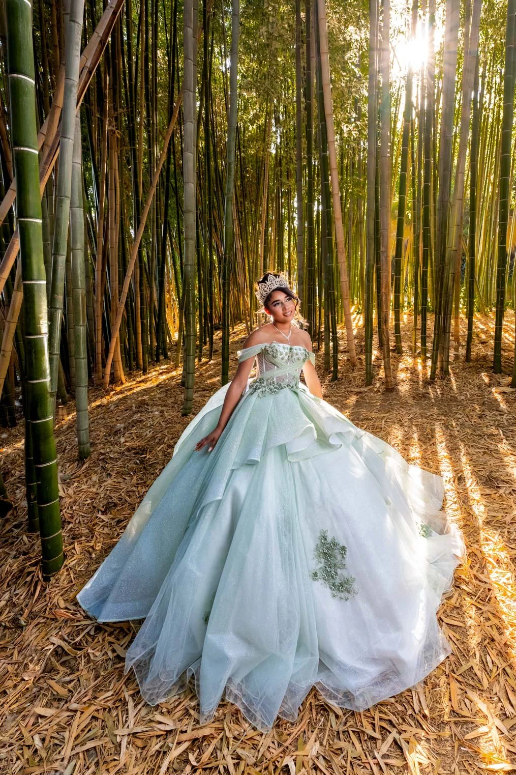 A woman wearing a white princess-style wedding gown and tiara standing in a bamboo forest with sunlight filtering through the trees.