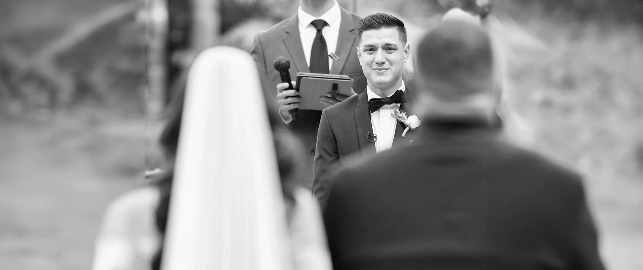 Groom crying after seen bride for the first time at Pasadena wedding