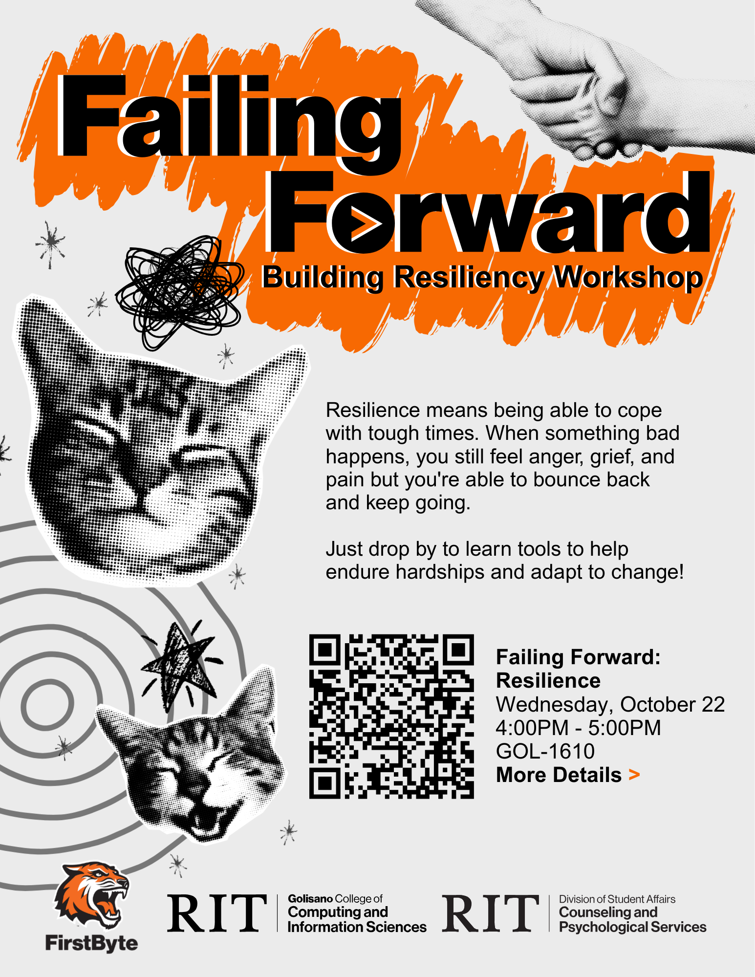 Failing Forward Flyer picturing a collage image of a distressed cat and a happy cat