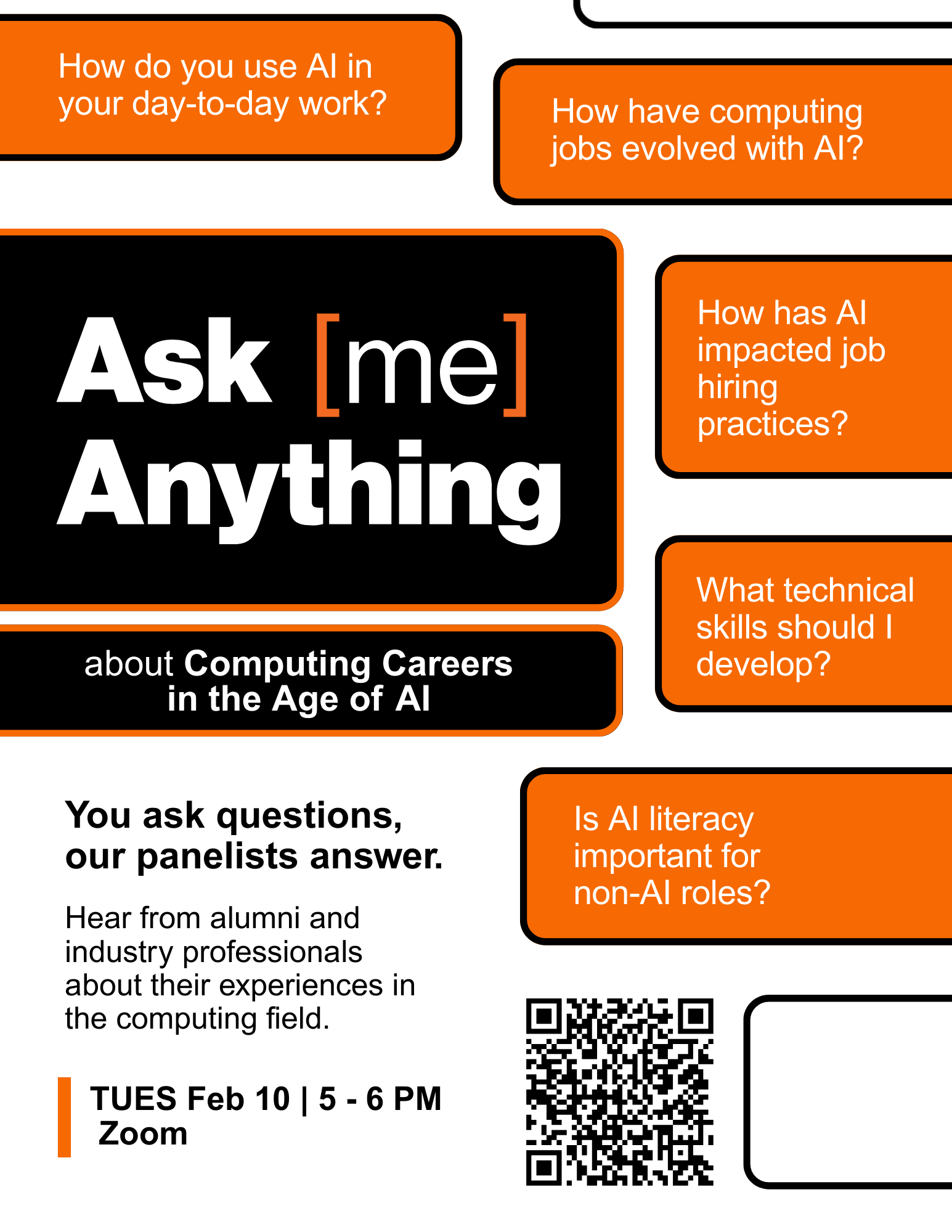Flyer for AMA about Computing Careers in the Age of AI. Many example questions to ask panelists are listed.