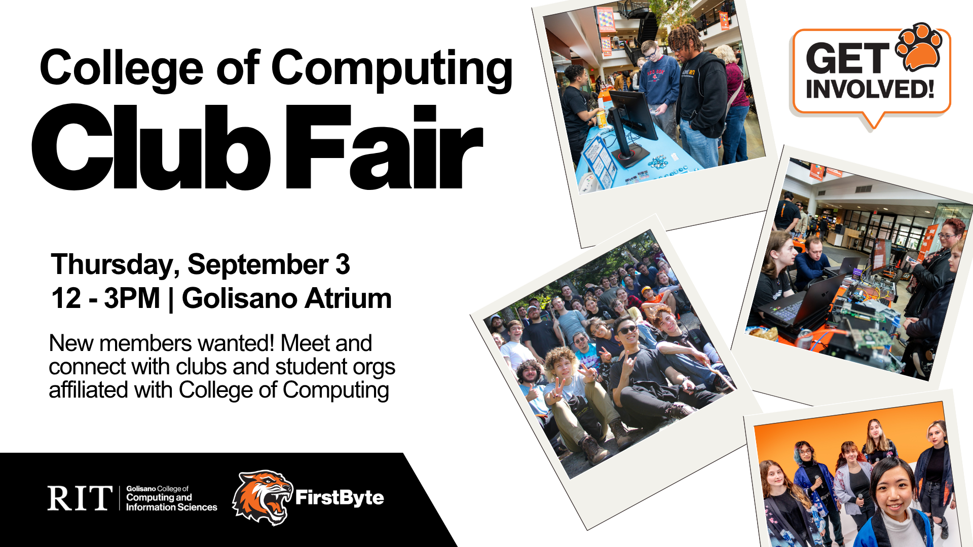 Club fair digital flyer showing polaroid prints of student groups