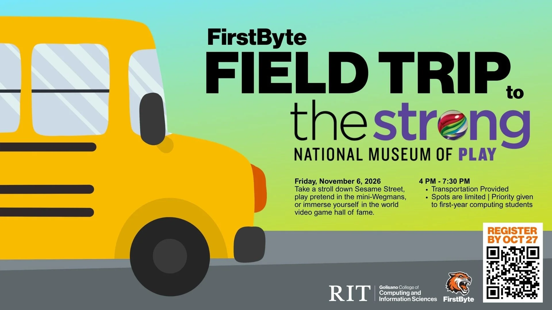 Come with us on a field trip to The Strong! Image shows an illustration of a yellow school bus