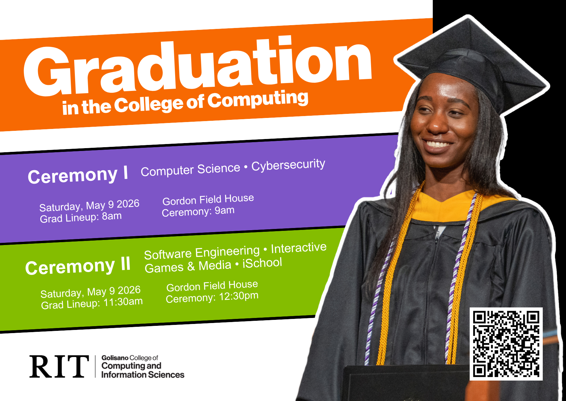 Graduation in the College of Computing postcards depicting a black woman graduate next to information about 2 ceremonies along with a QR code