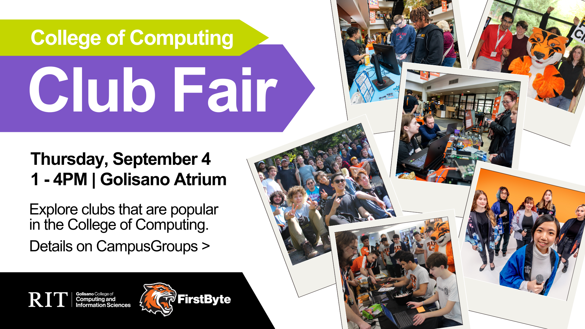 Club fair digital flyer showing polaroid prints of student groups