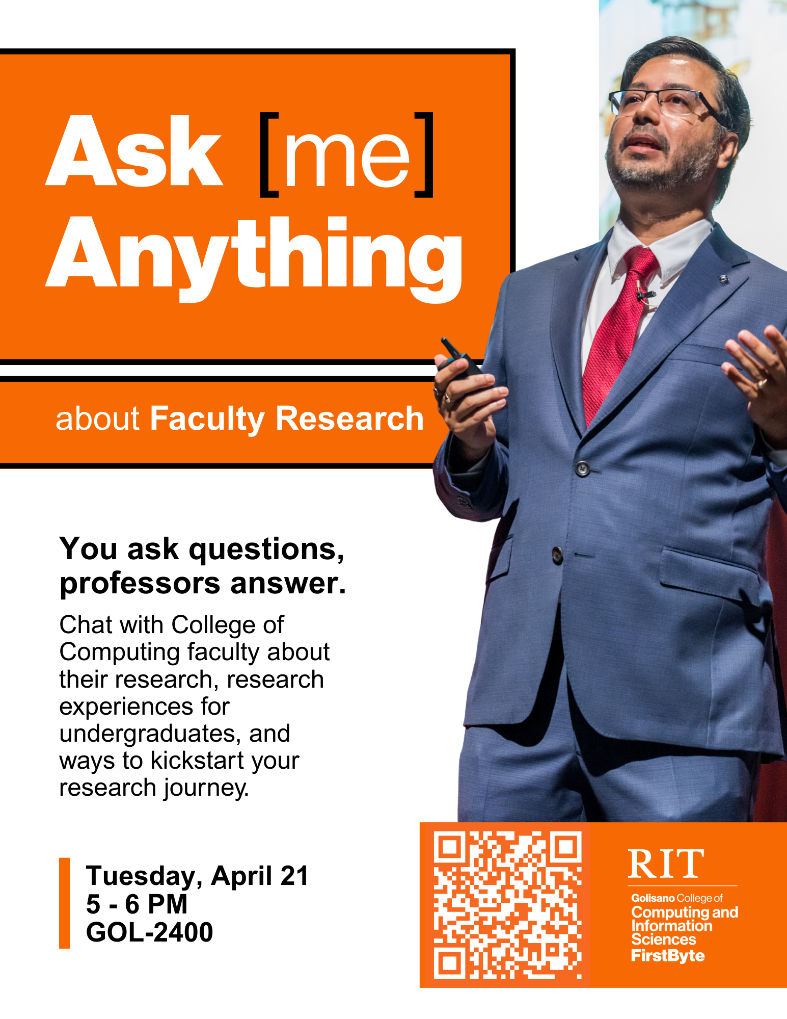 AMA about faculty research flyer picturing an RIT researcher