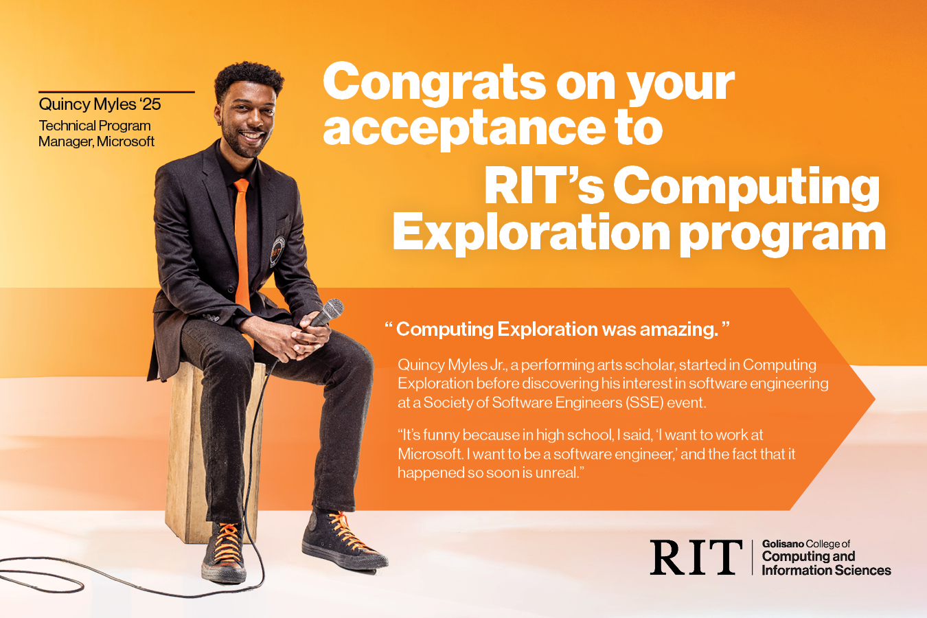 Student sits next to text that reads Congrats on your acceptance to RIT's Computing Exploration Program