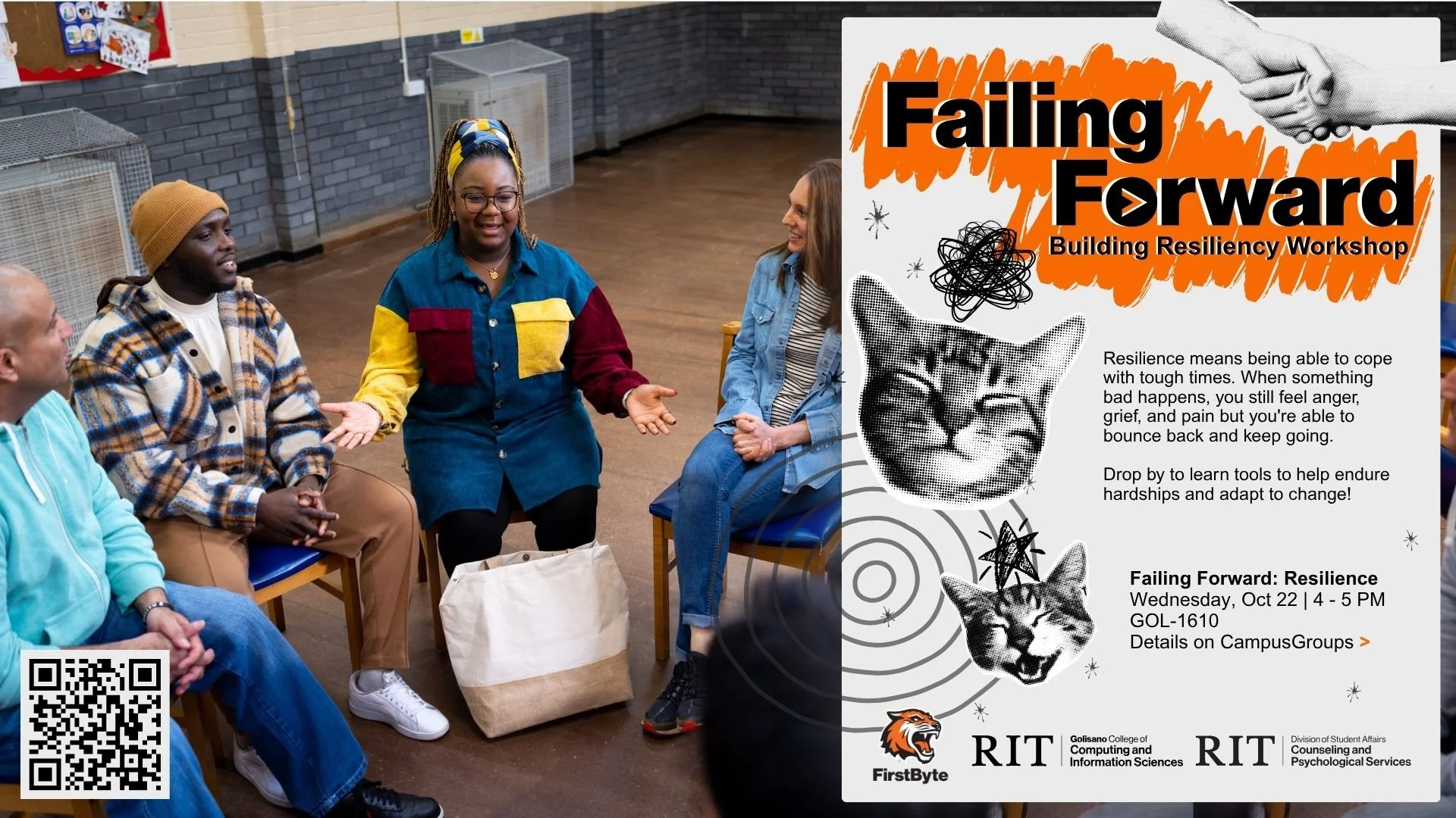 Failing Forward Workshop digital flyer picturing people talking in a group therapy style session