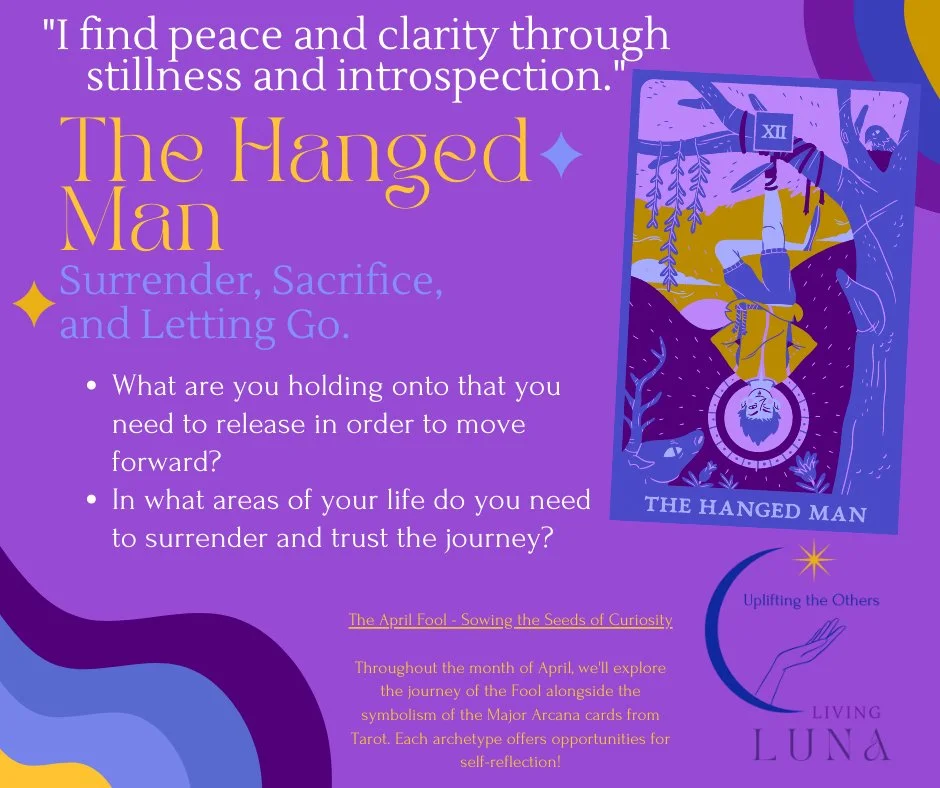 The Hanged Man tarot card depicting a figure hanging upside down, surrendering control to find clarity.